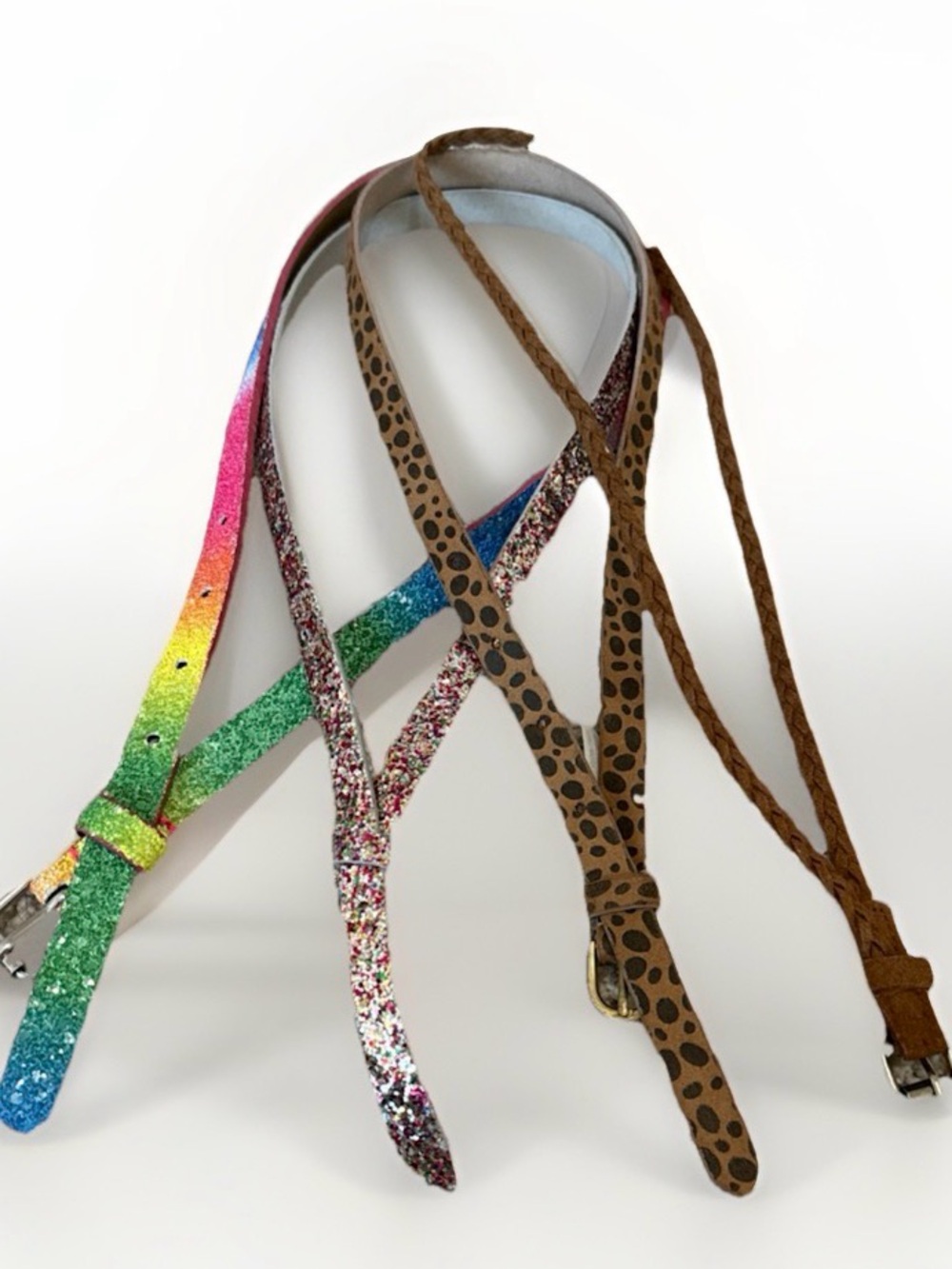 Kids Glitter and Leopard Print Belts Size 6-8 - Rainbow, Pink, Brown
